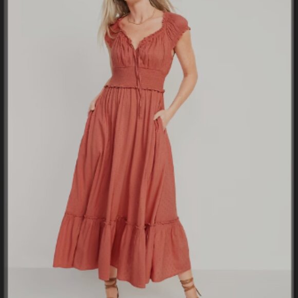 Old Navy Waist-Defined Puff-Sleeve Clip-Dot Midi Dress Sugar Poppy Pink NWT 2X - Picture 1 of 14